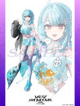 Rule 34 | 1girl, ahoge, aqua gloves, aqua hair, aqua shoes, commentary request, fingerless gloves, full body, gloves, hair ornament, hand up, highres, looking at viewer, multicolored hair, navel, official art, sample watermark, second-party source, shiranami ramune, shoes, single glove, skirt, smile, standing, standing on one leg, stomach, streaked hair, tongue, tongue out, virtual youtuber, vspo!, vspo! showdown, wata (attaka towel), watermark, white hair, yellow eyes, zoom layer