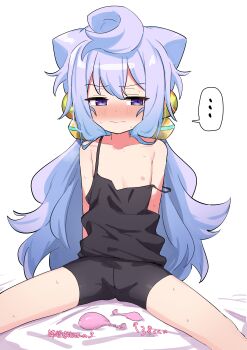 ... 1boy absurdres bare_shoulders bike_shorts blue_hair blush condom embarrassed hacka_doll hacka_doll_3 highres long_hair makura_u9b male_focus nipples purple_eyes shota sitting solo spread_legs trap used_condom very_long_hair white_background