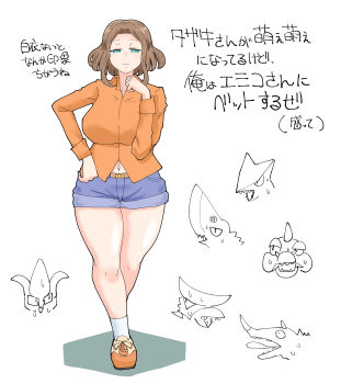 1girl absurdres alien barugon beak breasts brown_hair chibi daiei_motion_picture denim denim_shorts dinosaur engi_(animation_studio) fish gamera_(series) gamera_-rebirth- gamera_vs._barugon gamera_vs._gyaos gamera_vs._jiger gamera_vs._viras gamera_vs._zigra green_eyes gyaos highres horns japanese_text jiger kadokawa kaiju large_breasts lizard looking_at_viewer melchiorri_emiko modoki_tako monster navel_peek octopus pterosaur sea_monster shark sharp_teeth shorts shuriken simple_background smile smug space_monster squid sweatdrop sword teeth tendril tentacles tiles tongue tongue_out tusks viras weapon white_background zigra