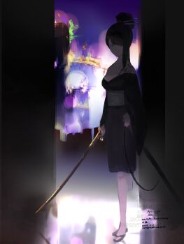 1girl armpit_crease black_eyes black_hair black_kimono breasts chopsticks cityscape frown full_body hair_bun hair_ornament hairpin highres holding holding_sheath holding_sword holding_weapon japanese_clothes katana kimono library_of_ruina looking_at_viewer medium_breasts mole mole_on_breast mownai1648 multiple_hairpins obi project_moon sandals sash saya_(scabbard) sayo_(project_moon) scabbard sheath shoulder_tattoo sword tattoo unsheathed weapon