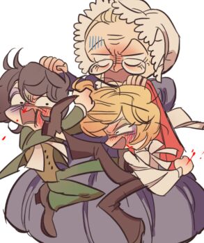 1boy 2girls aged_down andre_grandier anger_vein angry baaya_(versailles_no_bara) black_hair black_pants blank_eyes blonde_hair blood blood_on_face bruise bruised_eye carrying carrying_person constricted_pupils fighting grabbing_another&#039;s_hair green_jacket green_pants holding_another&#039;s_hair injury jacket kicking leg_up long_sleeves meremero multiple_girls old old_woman open_mouth oscar_francois_de_jarjayes pants shirt short_hair simple_background smile standing versailles_no_bara white_background white_shirt