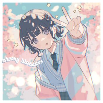 1girl black_hair blurry blurry_background blush border cherry_blossoms commentary grey_hair hair_ornament hairclip highres jacket looking_at_viewer moo_n_moko necktie off_shoulder open_clothes open_jacket open_mouth original pastel_colors plaid_clothes plaid_necktie short_hair solo v white_border x_hair_ornament