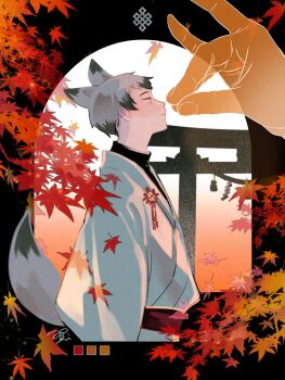 Rule 34 | 1boy, animal ears, ao rui, autumn leaves, black hair, black shirt, closed mouth, color guide, commentary request, cropped legs, fox ears, fox shadow puppet, fox tail, grey hair, haikyuu!!, highres, japanese clothes, kemonomimi mode, kimono, kita shinsuke, leaf, male focus, maple leaf, multicolored hair, shirt, short hair, signature, solo, tail, torii, turtleneck, white kimono, yellow eyes