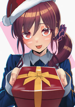 1girl :p absurdres blush brown_eyes brown_hair christmas fukou gift hair_ornament hair_scrunchie highres holding holding_gift looking_at_viewer mole mole_under_mouth necktie noel_(tsukihime) nun ponytail scrunchie sidelocks smile solo_focus tongue tongue_out tsukihime tsukihime_(remake) tunic upper_body wavy_hair wing_collar