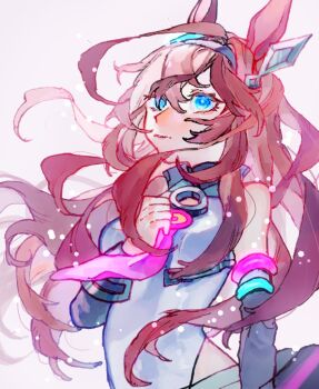 1girl animal_ears blue_eyes breasts brown_hair commentary_request detached_sleeves grey_hairband grey_sleeves hairband horse_ears horse_girl leotard long_hair looking_at_viewer medium_breasts mihono_bourbon_(mb-19890425)_(umamusume) mihono_bourbon_(umamusume) necktie pink_necktie shinjitsu_no_kuchi simple_background solo umamusume upper_body white_background white_leotard