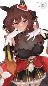 1girl absurdres animal_ears bare_shoulders blush braid braided_hair_rings breasts brown_hair commentary dress ear_ornament frilled_dress frills gentildonna_(regina_dei_fiori)_(umamusume) gentildonna_(umamusume) gloves gold_trim hair_rings heart-shaped_ornament heart_ear_ornament highres horse_ears horse_girl horse_tail large_breasts long_hair looking_at_viewer red_eyes red_skirt see-through_cleavage see-through_clothes showgirl_skirt simple_background skirt smile solo tail umamusume white_background white_gloves xkittyzx