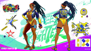 1girl absurdres alternate_costume artist_request ass bandaid bandaid_on_face bandaid_on_knee bandaid_on_leg bikini black_hair breasts character_name character_print cleavage colored_tips copyright_name cropped_jacket curvy dark-skinned_female dark_skin dreadlocks fingerless_gloves gloves hairband highleg highleg_bikini highres huge_ass kimberly_jackson multicolored_hair multicolored_hairband official_alternate_costume official_alternate_hairstyle official_art reference_sheet sandals shiny_skin smile solo spray_can standing sticker sticker_on_face sticker_on_neck street_fighter street_fighter_6 swimsuit thigh_strap walkman wide_hips yellow_bikini zeku