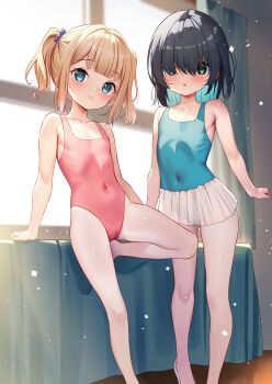 2girls :o ballerina bare_arms bare_shoulders black_hair blonde_hair blue_bow blue_eyes blue_hair blue_leotard blush bow cameltoe commentary_request commission curtains day feet_out_of_frame flat_chest hair_bow hair_over_eyes highres indoors leotard loli multicolored_hair multiple_girls original pantyhose parted_lips pink_leotard pixiv_commission pleated_skirt see-through_clothes shoes sidelocks skirt sunlight twintails two-tone_hair white_footwear white_pantyhose white_skirt window yan_(nicknikg)