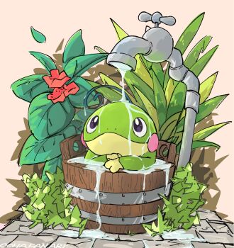Rule 34 | 01koooiocha17, black eyes, bucket, commentary request, faucet, gen 2 pokemon, highres, leaf, looking up, nintendo, no humans, plant, pokemon, pokemon (creature), pokemon focus, politoed, smile, solo, water