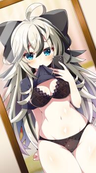 1girl absurdres ahoge akaneya arm_behind_back black_bow black_bra black_hair black_panties black_shirt blonde_hair blue_eyes bow bra breasts cameltoe clothes_in_mouth hair_between_eyes hair_bow highres holding holding_phone indie_virtual_youtuber lifting_own_clothes long_hair looking_at_mirror looking_at_viewer mello_mutinus_(vtuber) mirror mirror_selfie mouth_hold multicolored_hair narrow_waist navel panties phone second-party_source selfie shirt shirt_in_mouth small_breasts solo stomach t-shirt thick_thighs thigh_gap thighs underwear wide_hips