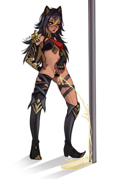 1girl black_hair blue_eyes bottomless censored dark_skin dehya_(genshin_impact) genshin_impact nullnsfw peeing pussy solo standing white_background