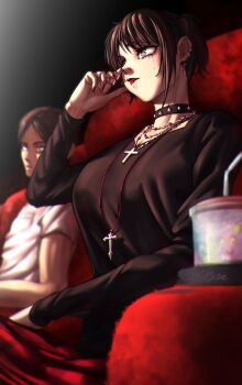 1boy 1girl absurdres armrest black_eyeliner black_hair black_sweater breasts choker cleavage collarbone cross cross_earrings cup disposable_cup drinking_straw earclip earrings eren_yeager eyeliner goth_fashion hand_on_own_face highres jewelry large_breasts lipstick looking_at_another makeup mascara mikasa_ackerman multiple_earrings multiple_necklaces multiple_rings necklace red_lips ring runny_makeup shingeki_no_school_castes short_hair spiked_choker spikes sweater tears tettora wiping_tears yellow_eyes