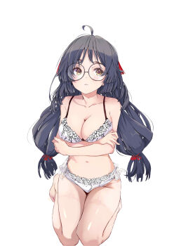 1girl black_hair bow bow_panties bra breasts brown_eyes commentary_request glasses hair_ribbon heian_maru_(kancolle) highres kantai_collection large_breasts long_hair navel panties red_ribbon ribbon rizzl round_eyewear solo underwear underwear_only very_long_hair white_bra white_panties