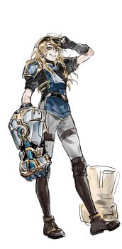 1girl absurdres aihara-rina alternate_costume bandaid bandaid_on_face black_gloves blonde_hair boots braid brown_boots brown_thighhighs chinese_commentary commentary_request fingerless_gloves full_body gauntlets gloves goggles goggles_on_head grey_pants grin hand_on_goggles highres kirisame_marisa long_hair looking_at_viewer pants puffy_short_sleeves puffy_sleeves short_sleeves side_braid simple_background single_braid single_gauntlet smile solo thighhighs touhou white_background yellow_eyes