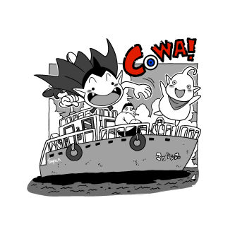 Rule 34 | 3boys, :d, artist name, boat, cape, character request, copyright name, cowa!, fangs, fenyon, ghost, greyscale, highres, jose (cowa!), male focus, monochrome, motion lines, multiple boys, neckerchief, open mouth, paifu (cowa!), pointy ears, smile, spiked hair, spot color, toriyama akira (style), water, watercraft, widow's peak