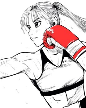 1girl abs boxing boxing_gloves boxing_shorts breasts commentary_request flying_sweatdrops gloves hatching_(texture) highres lee_(dragon_garou) linea_alba monochrome original parted_lips ponytail red_gloves shorts small_breasts solo sports_bra spot_color sweat toned toned_female very_sweaty