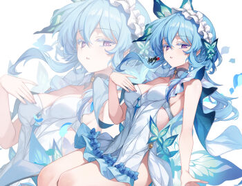 1girl adapted_costume alternate_costume bare_shoulders blue_hair blue_nails blue_veil breasts colored_eyelashes commentary dress highres kyjsogom large_breasts long_hair looking_at_viewer nail_polish parted_lips purple_eyes shorekeeper_(wuthering_waves) solo thighs veil white_dress wuthering_waves
