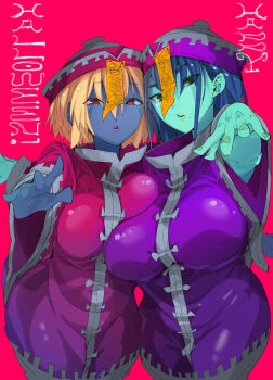 2girls asymmetrical_docking blonde_hair breast_press breasts chinese_clothes colored_skin commentary_request dark-skinned_female dark_skin english_text halloween halloween_costume happy_halloween hat highres jian jiangshi_costume large_breasts long_hair looking_at_viewer mole mole_under_mouth multiple_girls ofuda ofuda_on_head outstretched_arms qingdai_guanmao red_eyes short_hair simple_background summer-sensei_(toki-sensei_wa_kigaetai) takayama_toshinori talisman toki-sensei_(toki-sensei_wa_kigaetai) toki-sensei_wa_kigaetai zombie_pose