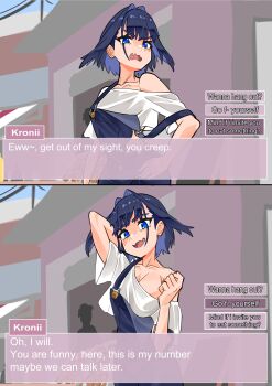 1girl absurdres blue_eyes blue_hair daaku_(koizumi_arata) english_text fake_screenshot hair_intakes highres hololive hololive_english looking_at_viewer multicolored_hair ouro_kronii profanity shirt short_hair smile suspenders virtual_youtuber visual_novel