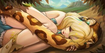 Rule 34 | 1girl, anarchyart, animal ears, bare legs, blonde hair, blue sky, closed eyes, cloud, dark skin, day, genshin impact, highres, jaguar ears, jaguar tail, knees up, lying, nail polish, on side, red lips, sky, sleeping, solo, tail, thighs, xilonen (genshin impact)