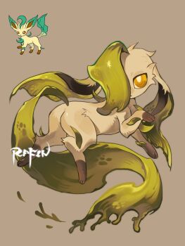 Rule 34 | animal focus, animal hands, bairizuomeng, bright pupils, brown background, brown eyes, brown fur, full body, gen 4 pokemon, green fur, hair over one eye, highres, leaf, leafeon, looking at viewer, nintendo, no humans, pokemon, pokemon (creature), pokemon focus, reference inset, simple background, solo, standing, white pupils, yellow fur