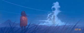 1girl 3d absurdres back cloud contrail highres night original outdoors scenery sitai_xiii solo window