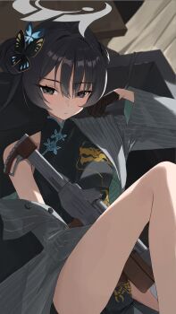 1girl absurdres black_dress black_gloves black_hair blue_archive breasts butterfly_hair_ornament china_dress chinese_clothes coat commentary commentary_request cs/ls06 double_bun dragon_print dress gloves grey_eyes grey_halo gun hair_bun hair_ornament half_gloves halo highres indoors kisaki_(blue_archive) leg_up long_hair long_sleeves looking_at_viewer lying on_back pelvic_curtain pinstripe_pattern print_dress sleeveless sleeveless_dress small_breasts solo striped_coat submachine_gun twintails vertical-striped_coat weapon yuanming