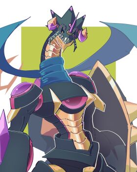 absurdres black_sclera blue_scarf blue_wings colored_sclera digimon digimon_(creature) dragon green_background highres holding holding_shield horns notaventura regulusmon scarf sharp_teeth shield simple_background teeth upper_body white_background wings yellow_eyes