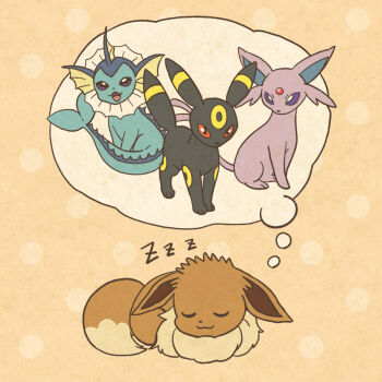 :3 animal_focus closed_eyes closed_mouth commentary_request eevee espeon forehead_jewel gen_1_pokemon gen_2_pokemon imagining mojacookie nintendo no_humans official_art open_mouth pokemon pokemon_(anime) pokemon_(creature) pokemon_focus pokemon_journeys polka_dot polka_dot_background purple_eyes red_eyes second-party_source sleeping smile speech_bubble thought_bubble umbreon vaporeon zzz