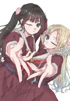 2girls animification black_hair blonde_hair blue_eyes blue_hair blunt_bangs brown_dress colored_tips commentary curtained_hair dress expressionless flower foreshortening gradient_hair hair_flower hair_ornament hasu_no_sora_school_uniform highres kan_kanna link!_like!_love_live! long_hair long_sleeves looking_at_viewer love_live! multicolored_hair multiple_girls neckerchief one_eye_closed osawa_rurino outstretched_arm parted_bangs parted_lips pink_flower real_life red_neckerchief sailor_collar sailor_dress school_uniform sketch skp1cnqfehmpasi twintails virtual_youtuber voice_actor voice_actor_connection white_sailor_collar winter_uniform