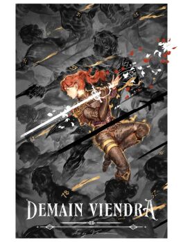 1boy 1girl 6+others artist_name border brown_gloves brown_jacket brown_pants clair_obscur:_expedition_33 falling_petals fingerless_gloves from_side gloves highres holding holding_sword holding_weapon jacket maelle_(clair_obscur:_expedition_33) medium_hair multiple_others orange_hair pants petals ponytail profile signature solo_focus sword velinxi weapon white_border