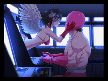 1boy 1girl absurdres angel_wings antenna_hair arcade_cabinet arcade_gamer_fubuki ass bikini black_border black_hair blue_eyes border breasts choker eye_contact face-to-face gloves glowing grey_hair grin hands_on_another's_cheeks hands_on_another's_face highres looking_at_another mask medium_breasts mr.mystery multicolored_hair muscular muscular_male pink_gloves playing_games red_bikini red_choker red_gloves sakuragasaki_fubuki sasar1211 short_hair smile swimsuit two-tone_hair white_wings wings wrestler