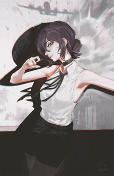 1girl aircraft airplane black_choker black_ribbon black_shorts bomb_devil_(chainsaw_man) chainsaw_man choker cord_pull different_shadow green_eyes highres looking_at_viewer neck_ribbon pull_cord purple_hair raikoart reze_(chainsaw_man) ribbon shadow shirt shorts sleeveless sleeveless_shirt solo white_shirt