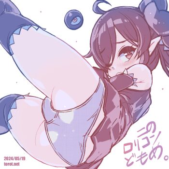 1girl :< ahoge ass backbeako_(torotei) backbeard black_dress black_hair black_thighhighs blush cameltoe closed_mouth commentary dated dated_commentary dress elbow_gloves eyes_visible_through_hair from_behind gegege_no_kitarou gloves hair_over_one_eye hair_ribbon kono_lolicon_domome light_frown loli long_hair looking_at_viewer looking_back lying on_side one_eye_closed original paid_reward_available panties pointy_ears red_eyes ribbon simple_background sleeveless sleeveless_dress solo thighhighs torotei translated twintails underwear watermark web_address white_background white_panties