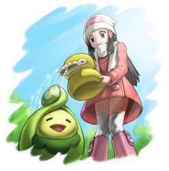 Rule 34 | 1girl, beanie, black hair, boots, budew, closed mouth, coat, commentary request, creatures (company), dawn (pokemon), day, eyelashes, game freak, gen 4 pokemon, grey eyes, hair ornament, hairclip, hat, highres, holding, long hair, long sleeves, looking down, mayagi (mayagi61), nintendo, outdoors, over-kneehighs, pink footwear, pokemon, pokemon (creature), pokemon dppt, pokemon platinum, scarf, sidelocks, sky, smile, thighhighs, watering, watering can, white hat, white scarf