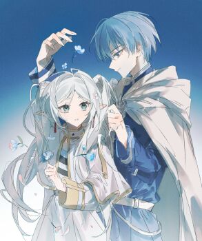 Rule 34 | 1boy, 1girl, absurdres, arm up, belt, blue eyes, blue flower, blue hair, blue shirt, cape, capelet, chinese commentary, closed mouth, commentary, ddddaob, flower, frieren, gradient background, hair between eyes, hand in another's hair, highres, himmel (sousou no frieren), holding, holding flower, light smile, long hair, long sleeves, looking at another, mole, mole under eye, parted bangs, parted lips, pointy ears, shirt, short hair, sousou no frieren, twintails, white belt, white cape, white capelet, white hair
