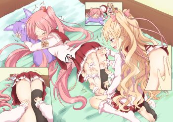 2girls absurdres ass asymmetrical_legwear bed bed_sheet black_thighhighs blonde_hair blush bow breasts brown_eyes candy_hair_ornament closed_eyes commentary_request commission evil_smile fang food-themed_hair_ornament hair_bow hair_ornament hair_ribbon hidan_no_aria highres kanzaki_h._aria kneehighs kneeling long_hair long_sleeves looking_back lying mine_riko miniskirt motion_lines multiple_girls multiple_views nervous ofuchobetto_shirai on_stomach open_mouth pillow pink_hair pixiv_commission pleated_skirt ribbon school_uniform serafuku shaking shirt sitting sitting_on_leg skirt smile socks sweat tears thighhighs tickling tickling_legs tongue twintails two_side_up very_long_hair wariza white_socks yuri