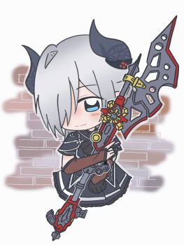 1girl assault_lily black_bow black_bowtie black_gloves black_horns black_jacket black_skirt blue_eyes blush bow bowtie brick_wall bridal_gauntlets brown_bridal_gauntlets chibi closed_mouth commentary_request cowboy_shot cropped_legs demon_horns gloves grey_background grey_hair hair_between_eyes hair_over_one_eye hand_up highres holding holding_polearm holding_weapon horns hugging_object jacket kasa_(kasa_mayulove) medium_hair miniskirt one_eye_covered polearm sekino_youko short_sleeves single_glove single_horizontal_stripe skirt smile solo standing striped_clothes striped_skirt weapon