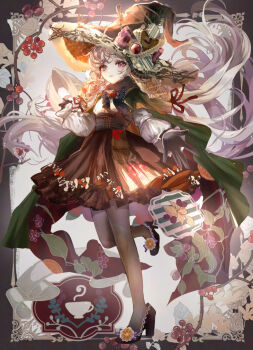 1girl black_gloves bow candy cape commentary_request dress flower food full_body gloves hat high_heels highres komorihikki long_hair looking_at_viewer original pantyhose purple_eyes sensitive solo standing standing_on_one_leg very_long_hair witch witch_hat