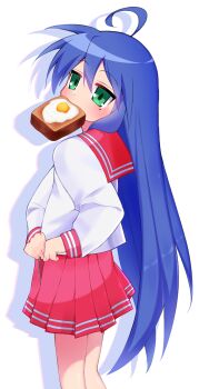 1girl absurdres adjusting_skirt ahoge blue_hair bread bread_slice commentary_request food food_in_mouth fried_egg green_eyes hair_between_eyes highres izumi_konata long_hair long_sleeves looking_to_the_side lucky_star mole mole_under_eye mouth_hold pink_skirt pleated_skirt school_uniform serafuku shirt skirt solo sugino_(su_ginoo) toast toast_in_mouth white_shirt zipper