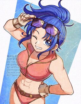 abs belted_swimwear betabetamaru bikini blue_eyes blue_hair eyewear_on_head female_kris_(fire_emblem) fingerless_gloves fire_emblem fire_emblem:_new_mystery_of_the_emblem gloves grin nintendo one_eye_closed orange_bikini ponytail smile sunglasses swimsuit tankini toned toned_female white_gloves zipper