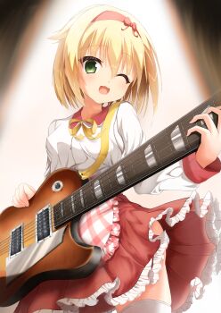 1girl ;d apron blonde_hair blush bow buttons commentary_request cowboy_shot flipped_hair floating_clothes frilled_apron frilled_skirt frills green_eyes guitar hair_bow hairband happy highres holding holding_guitar holding_instrument instrument kariya_wakana long_sleeves looking_at_viewer medium_hair neck_ribbon official_alternate_costume one_eye_closed open_mouth plaid_apron plaid_clothes red_bow red_hairband red_skirt ribbon sanoba_witch shirt simple_background skirt smile solo spotlight thighhighs user_gesz2338 waist_apron waitress white_apron white_shirt white_thighhighs yellow_ribbon