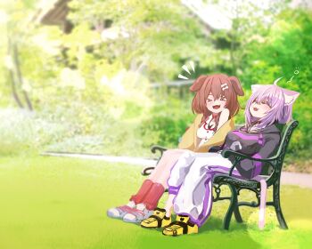 &gt;_&lt; 2girls ahoge animal_ear_fluff animal_ears black_hoodie bone_hair_ornament brown_hair cat_ears cat_girl cat_tail closed_eyes dog_ears dog_girl dress hair_ornament highres hololive hood hoodie inugami_korone inugami_korone_(1st_costume) jacket kajimakoto looking_at_viewer medium_hair multiple_girls nekomata_okayu nekomata_okayu_(1st_costume) on_bench open_mouth pants purple_hair shoes sleeveless sleeveless_dress smile tail virtual_youtuber white_dress white_pants white_shoes yellow_jacket yellow_shoes