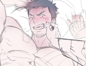 Rule 34 | 2boys, bara, black hair, blush, cheek pinching, facial hair, fang, goatee stubble, hibino kafka, huge pectorals, kagi art, kaijuu no. 8, looking at viewer, male focus, multiple boys, muscular, muscular male, nude, on bed, pinching, pov, pov adoring, pov hands, short hair, sketch, solo focus, spiked hair, stubble, tearing up, upper body, v-shaped eyebrows, yaoi