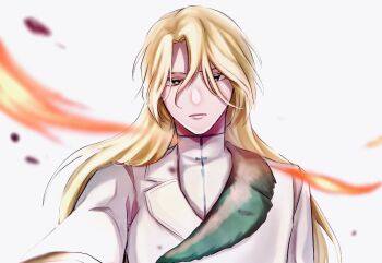 1046sstep_btoh 1boy black_eyes bleach bleach:_sennen_kessen-hen blonde_hair coat commentary_request expressionless fire frown jugram_haschwalth male_focus reaching reaching_towards_viewer solo turtleneck upper_body wandenreich_uniform white_coat