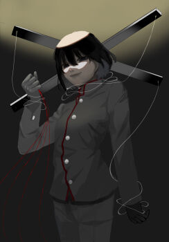 1girl androgynous black_background black_eyes black_gloves black_hair black_jacket black_pants bob_cut breasts brown_background closed_mouth commentary cowboy_shot empty_eyes gakuran gloves gradient_background hair_between_eyes highres holding holding_string jacket light_smile looking_at_viewer looking_down marionette monogatari_(series) naoetsu_high_school_uniform oshino_ougi owarimonogatari pale_skin pants puppet puppet_strings raised_eyebrows school_uniform short_hair small_breasts smug solo spotlight standing string string_of_fate touda_(miku118)