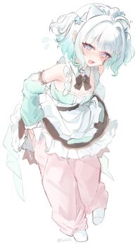 1girl adjusting_clothes blush clothes_pull densetsu.exe highres looking_at_viewer maid mint_fantome pants pants_under_skirt pulling_own_clothes short_hair short_twintails sobbi11 twintails white_background white_hair