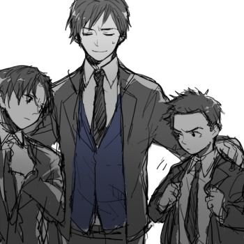3boys batman_(series) brothers damian_wayne dc_comics dick_grayson family formal_clothes frown male_focus mayer multiple_boys necktie pixiv_sample siblings spot_color suit tim_drake