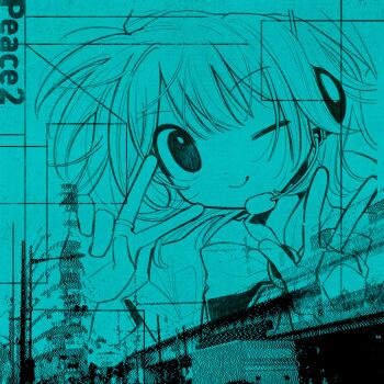 1girl aqua_theme bow bowtie closed_mouth commentary english_commentary hands_up headset highres looking_at_viewer monochrome one_eye_closed original pepeppepe101 smile solo v