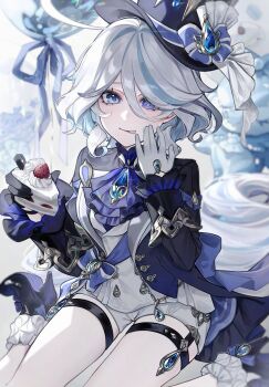 1girl amekamu ascot asymmetrical_gloves balloon black_gloves black_hat black_jacket black_shoes blue_ascot blue_gemstone blue_hair brooch cake cake_slice commentary drop-shaped_pupils eyelash_ornament food furina_(genshin_impact) gem genshin_impact gloves hair_spread_out hand_up hat heterochromia high_heels highres holding holding_food jacket jewelry long_hair looking_at_viewer mismatched_gloves multicolored_hair shoes sitting socks solo strawberry_shortcake streaked_hair surintendante_chevalmarin symbol-shaped_pupils thigh_strap tongue tongue_out top_hat very_long_hair wariza wavy_hair white_gloves white_hair white_socks
